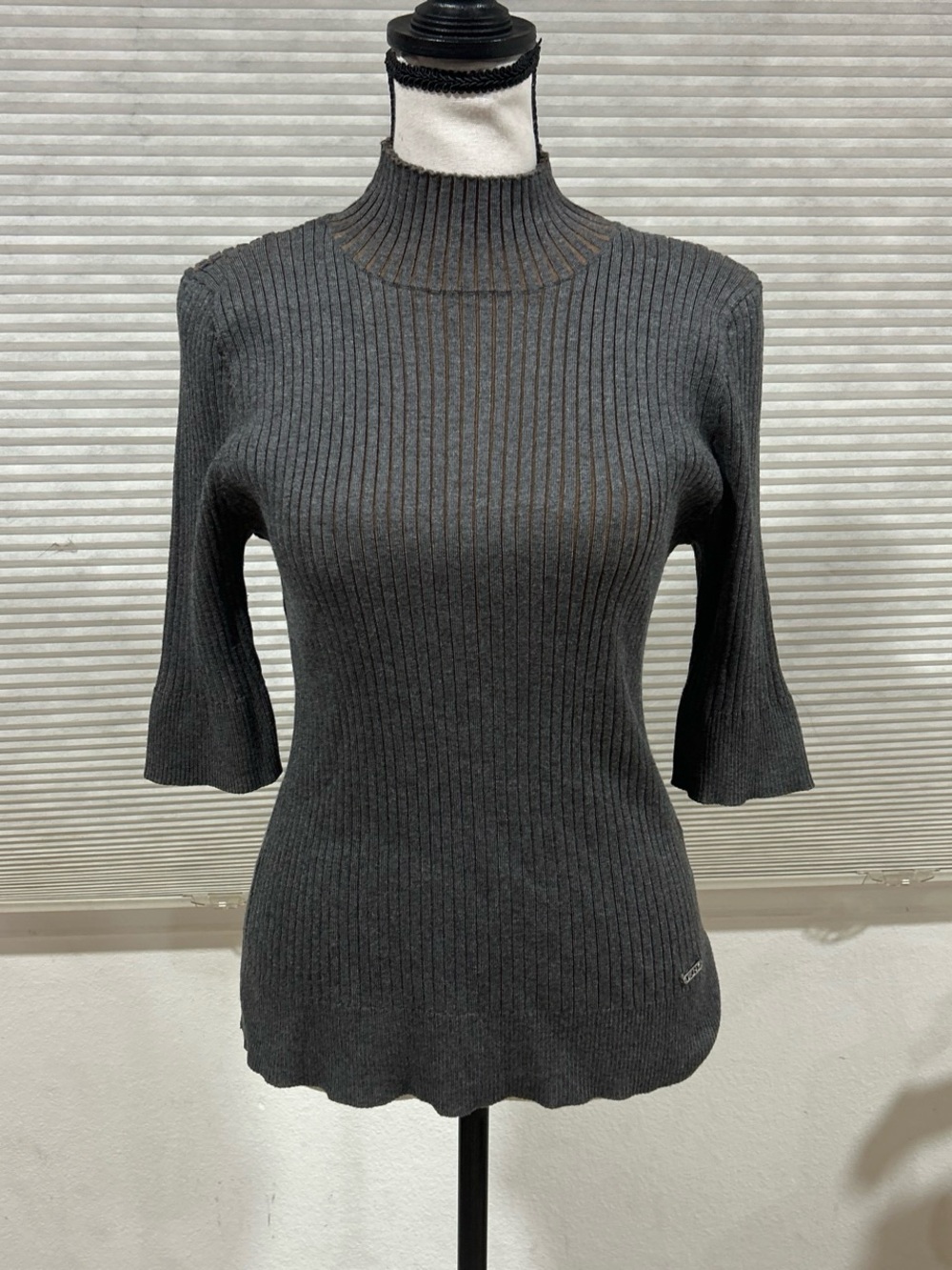 Dkny Charcoal Ribbed Mock Neck Short Sleeve Sweater